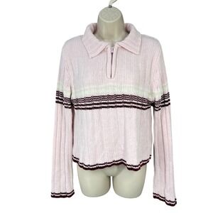 Vintage No Boundaries Woman Collar Zip Sweater Y2K Streetwear Stripe Size L Pink